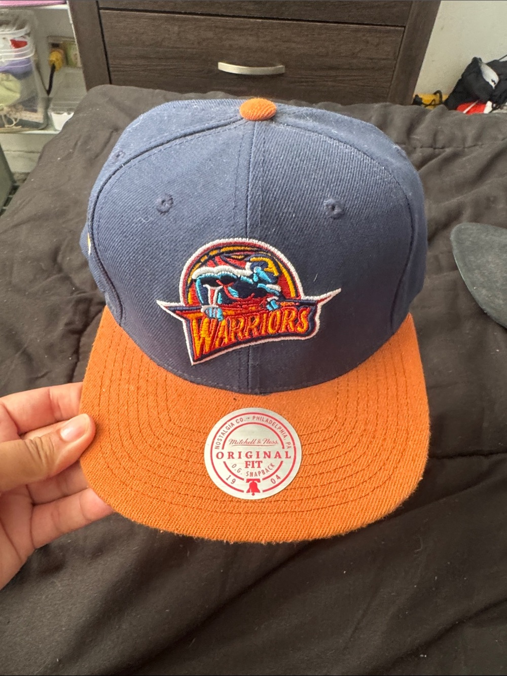 Warriors Two-Tone Snapback Hat in Navy and Orange